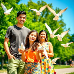 A cheerful scene at a sunny park featuring a happy family