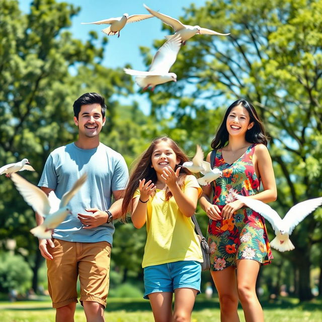 A cheerful scene at a sunny park featuring a happy family