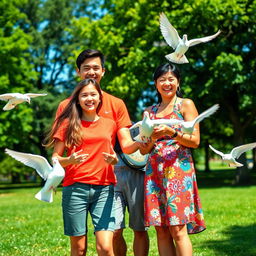 A cheerful scene at a sunny park featuring a happy family
