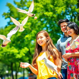 A cheerful scene at a sunny park featuring a happy family