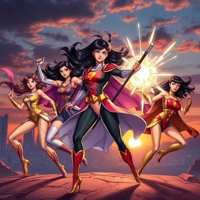 A group of Asian female superheroes in dynamic action poses, showcasing their strength and agility