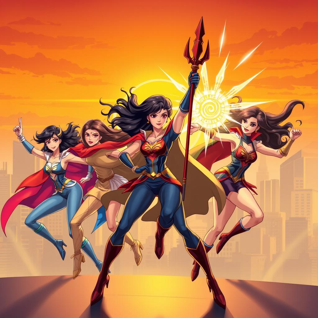 A group of Asian female superheroes in dynamic action poses, showcasing their strength and agility