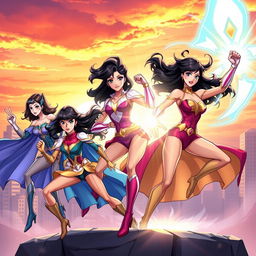 A group of Asian female superheroes in dynamic action poses, showcasing their strength and agility