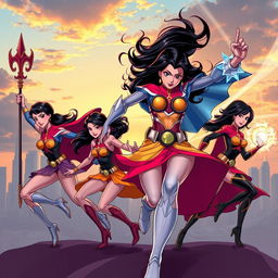 A group of Asian female superheroes in dynamic action poses, showcasing their strength and agility