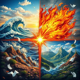 A dynamic and visually stunning representation of the four classical elements: water, fire, earth, and wind