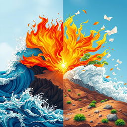 A dynamic and visually stunning representation of the four classical elements: water, fire, earth, and wind