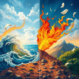 A dynamic and visually stunning representation of the four classical elements: water, fire, earth, and wind