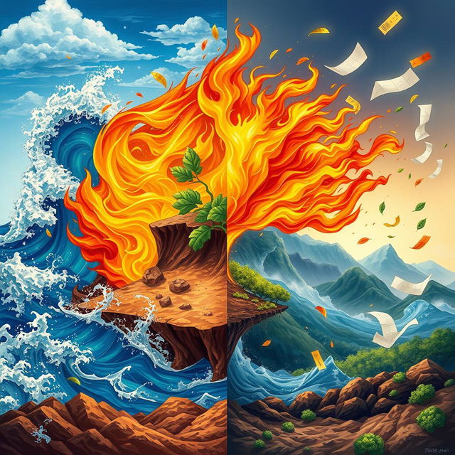 A dynamic and visually stunning representation of the four classical elements: water, fire, earth, and wind