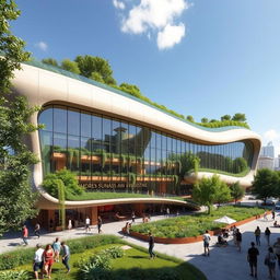 An incredible futuristic sustainable cultural building, designed with a sleek, innovative architectural style that incorporates natural elements