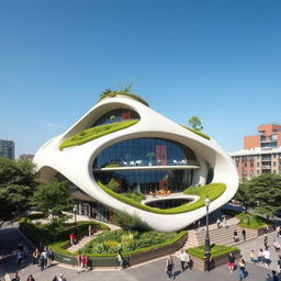 An incredible futuristic sustainable cultural building, designed with a sleek, innovative architectural style that incorporates natural elements