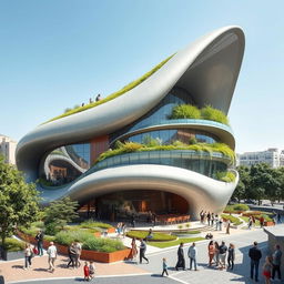 An incredible futuristic sustainable cultural building, designed with a sleek, innovative architectural style that incorporates natural elements