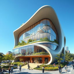 An incredible futuristic sustainable cultural building, designed with a sleek, innovative architectural style that incorporates natural elements