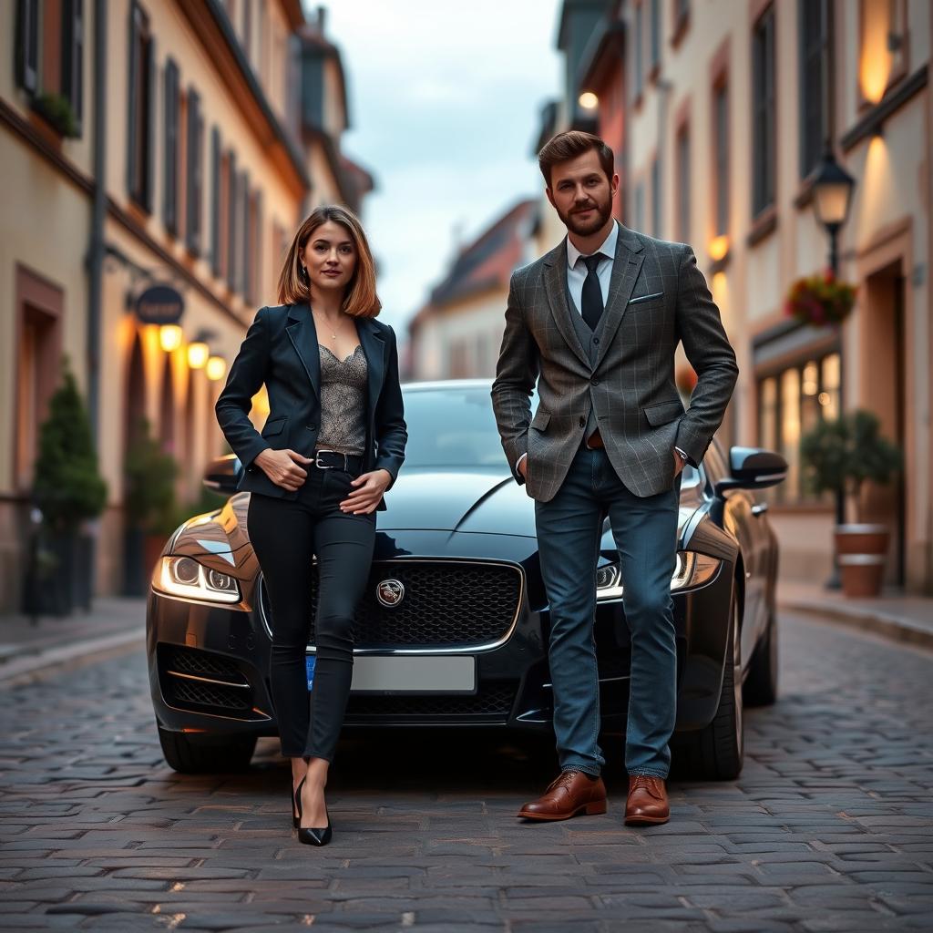 A petite young woman, 27 years old, with light brown, shoulder-length hair styled in a relaxed yet devilish manner, standing confidently next to an elegant 45-year-old man with dark brown hair and a light beard