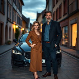 A petite young woman, 27 years old, with light brown, shoulder-length hair styled in a relaxed yet devilish manner, standing confidently next to an elegant 45-year-old man with dark brown hair and a light beard