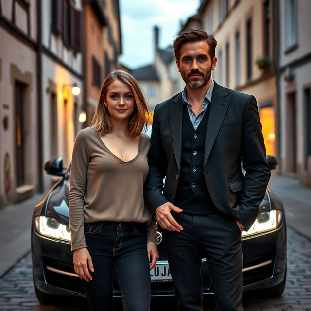 A petite young woman, 27 years old, with light brown, shoulder-length hair styled in a relaxed yet devilish manner, standing confidently next to an elegant 45-year-old man with dark brown hair and a light beard