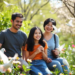 A serene park scene featuring a cheerful teenage girl spending time with her young father and her mother, who has short black hair