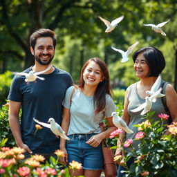 A serene park scene featuring a cheerful teenage girl spending time with her young father and her mother, who has short black hair