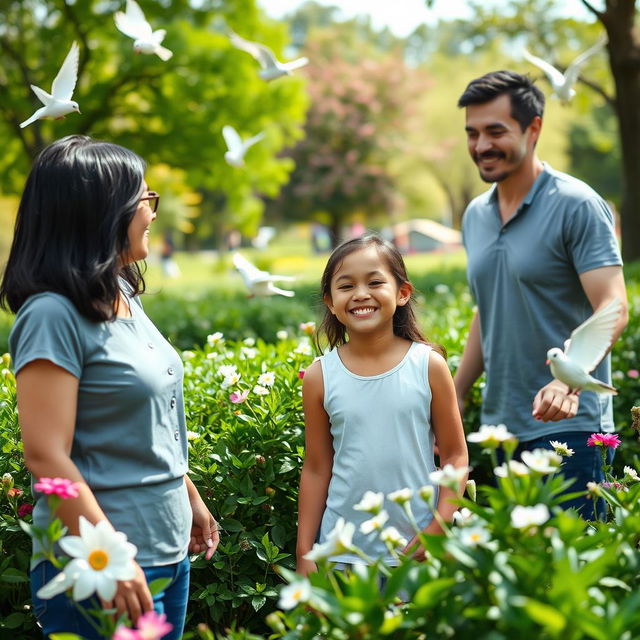 A serene park scene featuring a cheerful teenage girl spending time with her young father and her mother, who has short black hair