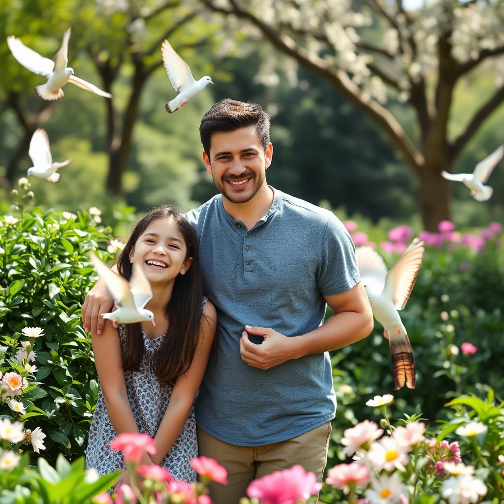 A serene park scene featuring a cheerful teenage girl spending time with her young father and her mother, who has short black hair