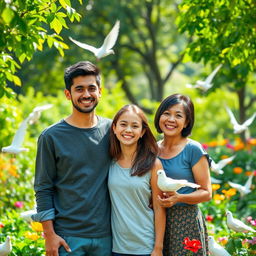 A joyful scene in a vibrant park showcasing a teenage girl with a bright smile, standing beside her young father who has an engaging demeanor