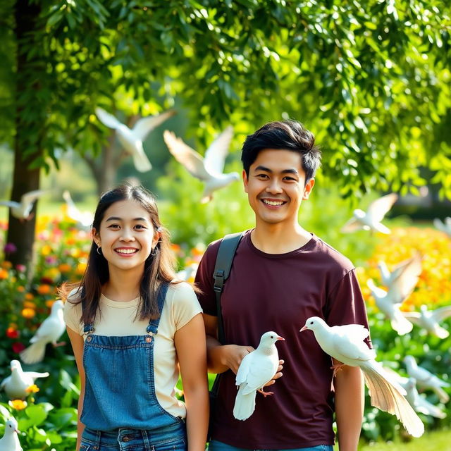 A joyful scene in a vibrant park showcasing a teenage girl with a bright smile, standing beside her young father who has an engaging demeanor