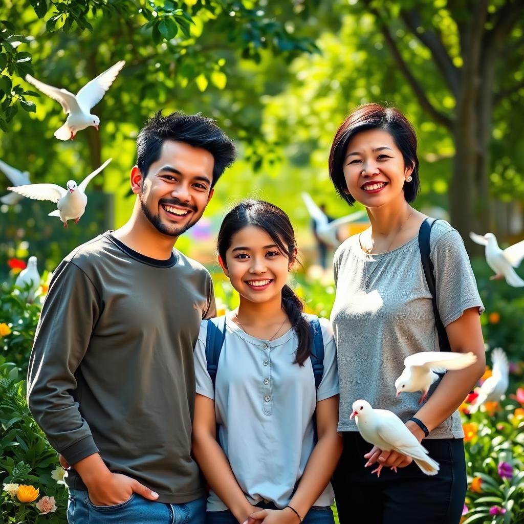 A joyful scene in a vibrant park showcasing a teenage girl with a bright smile, standing beside her young father who has an engaging demeanor