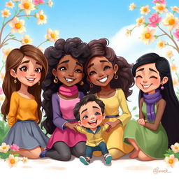 A 2D illustration featuring four beautiful sisters with distinct hairstyles and outfits, showcasing their individual styles, and one younger brother playfully interacting with them