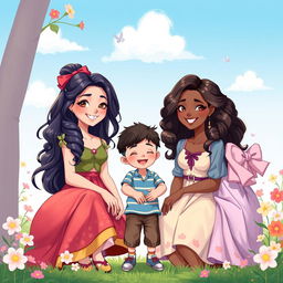 A 2D illustration featuring four beautiful sisters with distinct hairstyles and outfits, showcasing their individual styles, and one younger brother playfully interacting with them