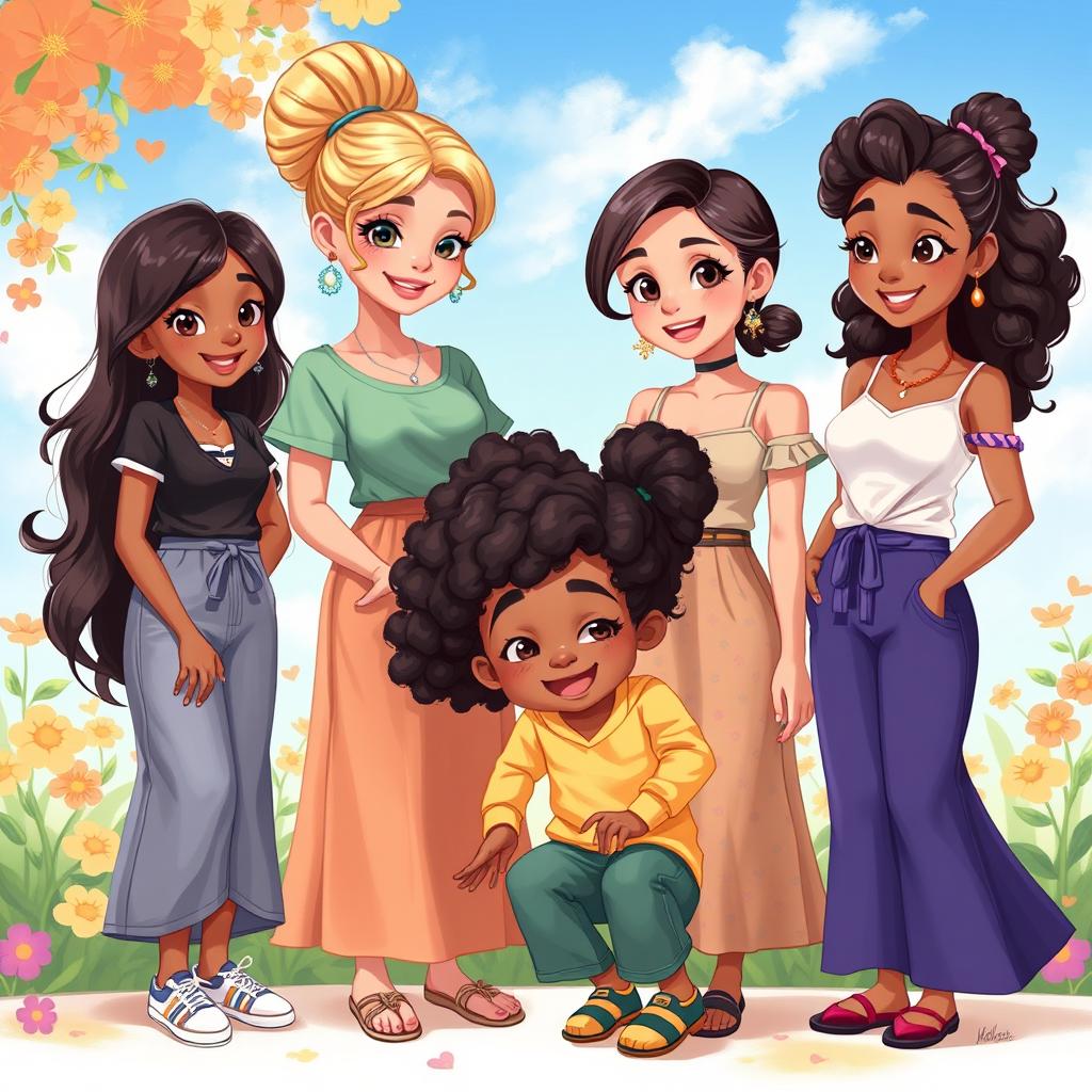 A 2D illustration featuring four beautiful sisters with distinct hairstyles and outfits, showcasing their individual styles, and one younger brother playfully interacting with them