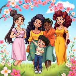 A 2D illustration featuring four beautiful sisters with distinct hairstyles and outfits, showcasing their individual styles, and one younger brother playfully interacting with them