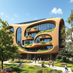 An impressive futuristic sustainable residential building, featuring sleek and innovative design elements that prioritize sustainability