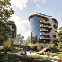 An impressive futuristic sustainable residential building, featuring sleek and innovative design elements that prioritize sustainability