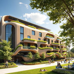 An impressive futuristic sustainable residential building, featuring sleek and innovative design elements that prioritize sustainability