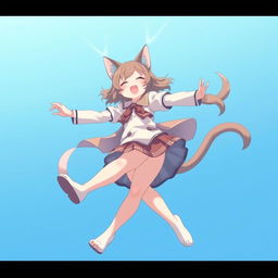An anime-style medium shot of a feline cat girl with two tails, spinning and flying in a circle in the sky