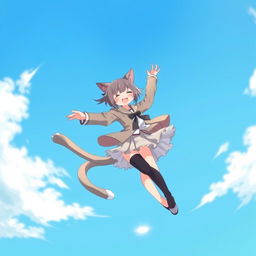 An anime-style medium shot of a feline cat girl with two tails, spinning and flying in a circle in the sky