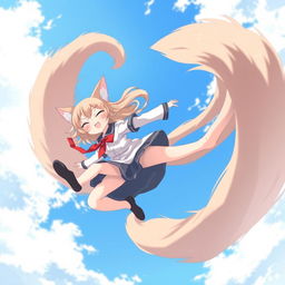 An anime-style medium shot of a feline cat girl with two tails, spinning and flying in a circle in the sky