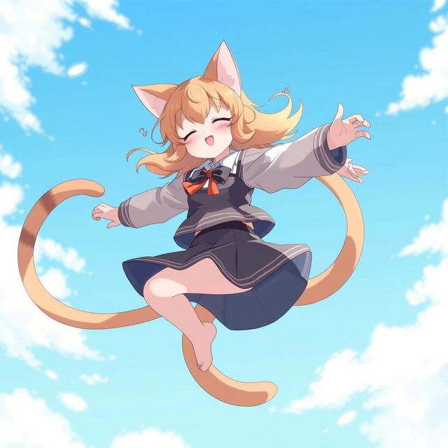 An anime-style medium shot of a feline cat girl with two tails, spinning and flying in a circle in the sky