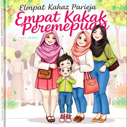 A cover illustration titled 'Empat Kakak Perempuan' featuring four beautiful sisters standing together in a harmonious pose, with one younger brother at their side