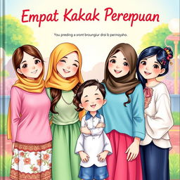 A cover illustration titled 'Empat Kakak Perempuan' featuring four beautiful sisters standing together in a harmonious pose, with one younger brother at their side