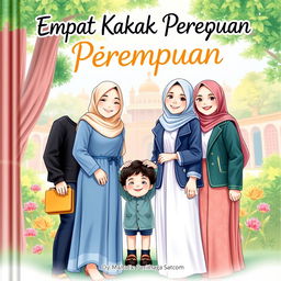 A cover illustration titled 'Empat Kakak Perempuan' featuring four beautiful sisters standing together in a harmonious pose, with one younger brother at their side