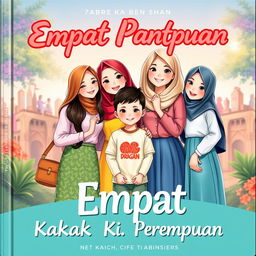 A cover illustration titled 'Empat Kakak Perempuan' featuring four beautiful sisters standing together in a harmonious pose, with one younger brother at their side