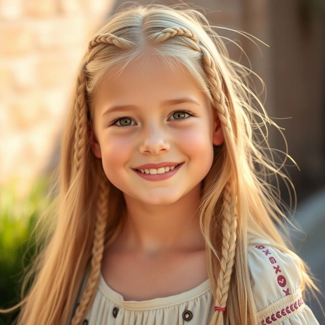 A girl with long blond hair featuring tiny braids scattered throughout, showcasing a playful and casual look