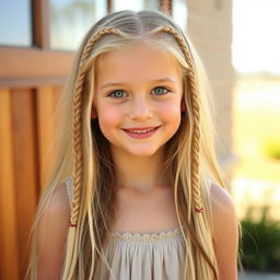 A girl with long blond hair featuring tiny braids scattered throughout, showcasing a playful and casual look