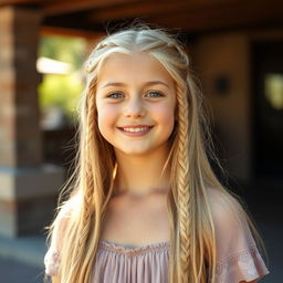 A girl with long blond hair featuring tiny braids scattered throughout, showcasing a playful and casual look