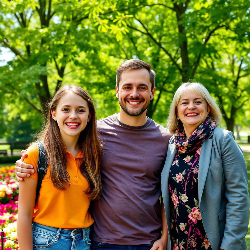 A cheerful teenage girl with a bright smile standing in a park, surrounded by vibrant green trees and colorful flowers