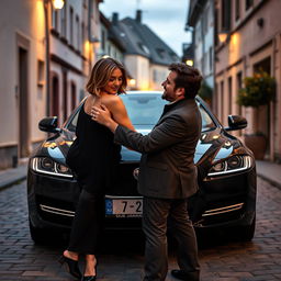 A petite young woman, 27 years old, with light brown, shoulder-length hair styled in a relaxed yet devilish manner, playfully held in the arms of an elegant 45-year-old man with dark brown hair and a light beard
