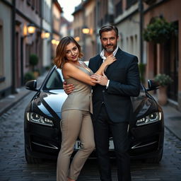 A petite young woman, 27 years old, with light brown, shoulder-length hair styled in a relaxed yet devilish manner, playfully held in the arms of an elegant 45-year-old man with dark brown hair and a light beard