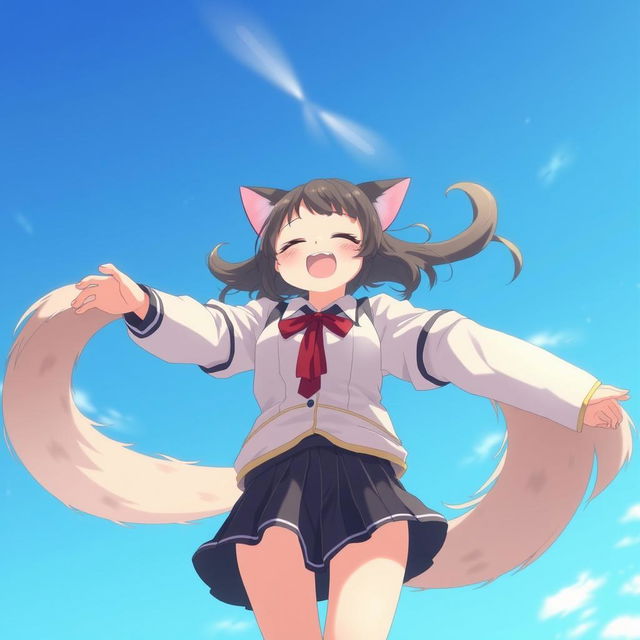 An anime-style medium shot of an adult cat girl with two tails twirling in the sky like a flying helicopter