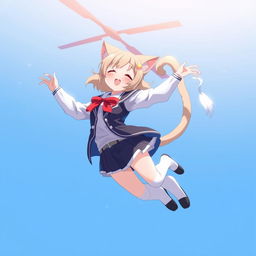 An anime-style medium shot of an adult cat girl with two tails twirling in the sky like a flying helicopter