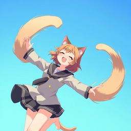 An anime-style medium shot of an adult cat girl with two tails twirling in the sky like a flying helicopter